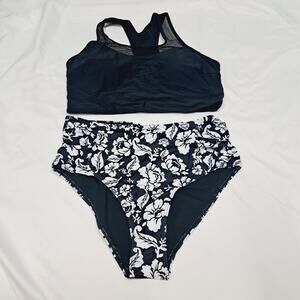 Black Racer Back Top Black White Floral Hi-Leg Bikini Swimsuit XL